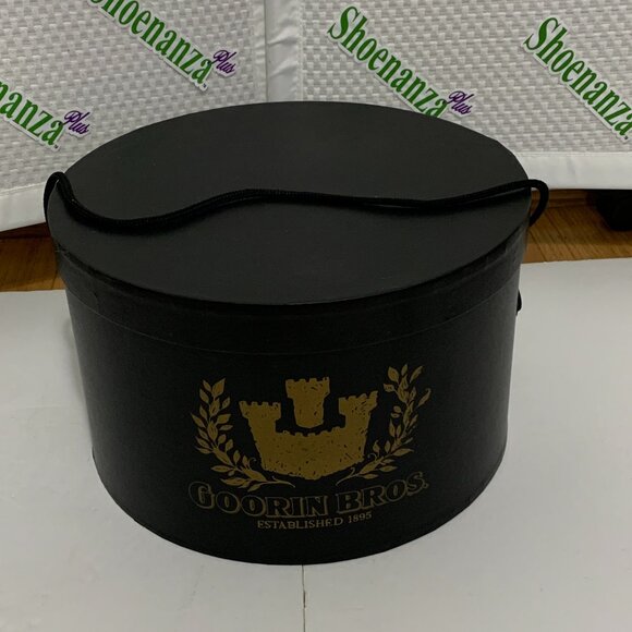 Vintage Goorin Bros Cardboard Hat Box Strap Storage Container Black Gold Logo - Picture 1 of 14